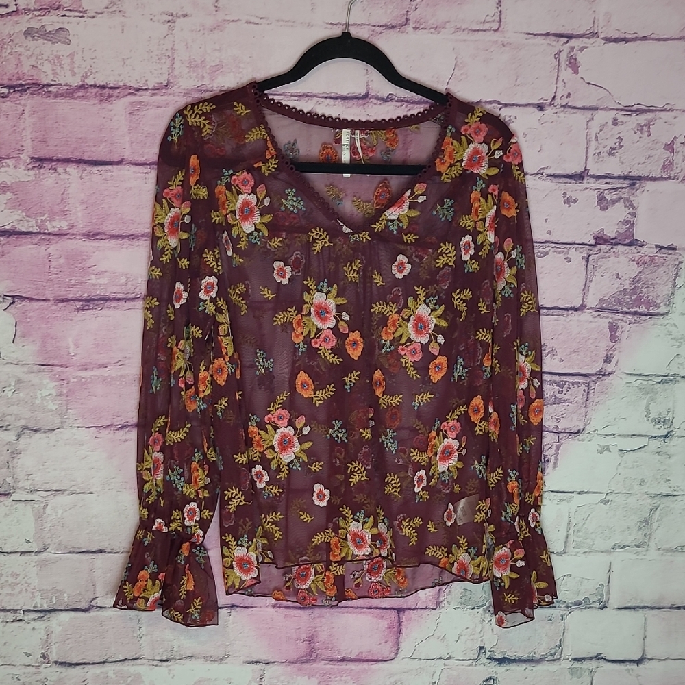 ANTHROPOLOGIE FEATHER BONE GIRALDA BURGUNDY SHEER FLORAL EMBROIDERED BOHO BLOUSE